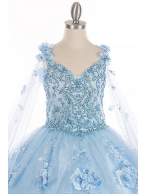 Bliss Little Girls Blue 3D Stone Pearl Sweetheart Floral Cape Ball Gown 2-6 - SophiasStyle.com